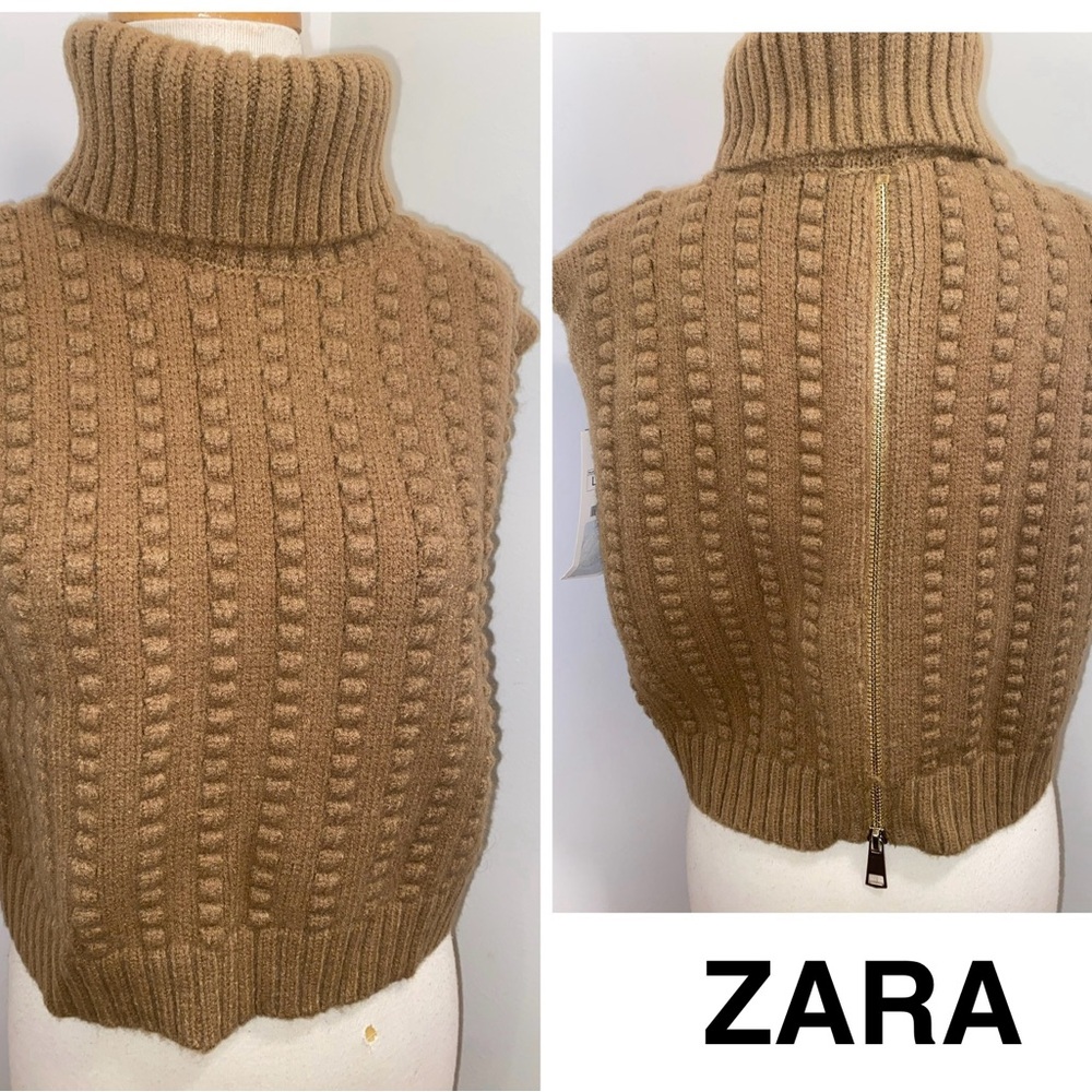 ZARA Women's Tan Cropped Turtleneck Sweater Vest with Back Zip - Size L - NEW